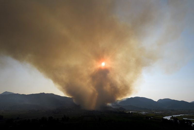 Large column of smoke from a forest fire